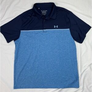 Under‎ Armour Heatgear Mens Golf Polo Shirt XXL Blue Colorblock Logo Graphic